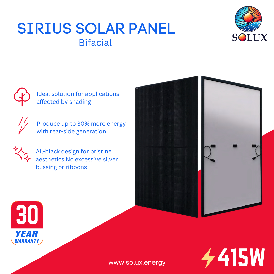 This is an image of Sirius PV 415Watt 108 Half-Cell All Black Bifacial Solar Panels